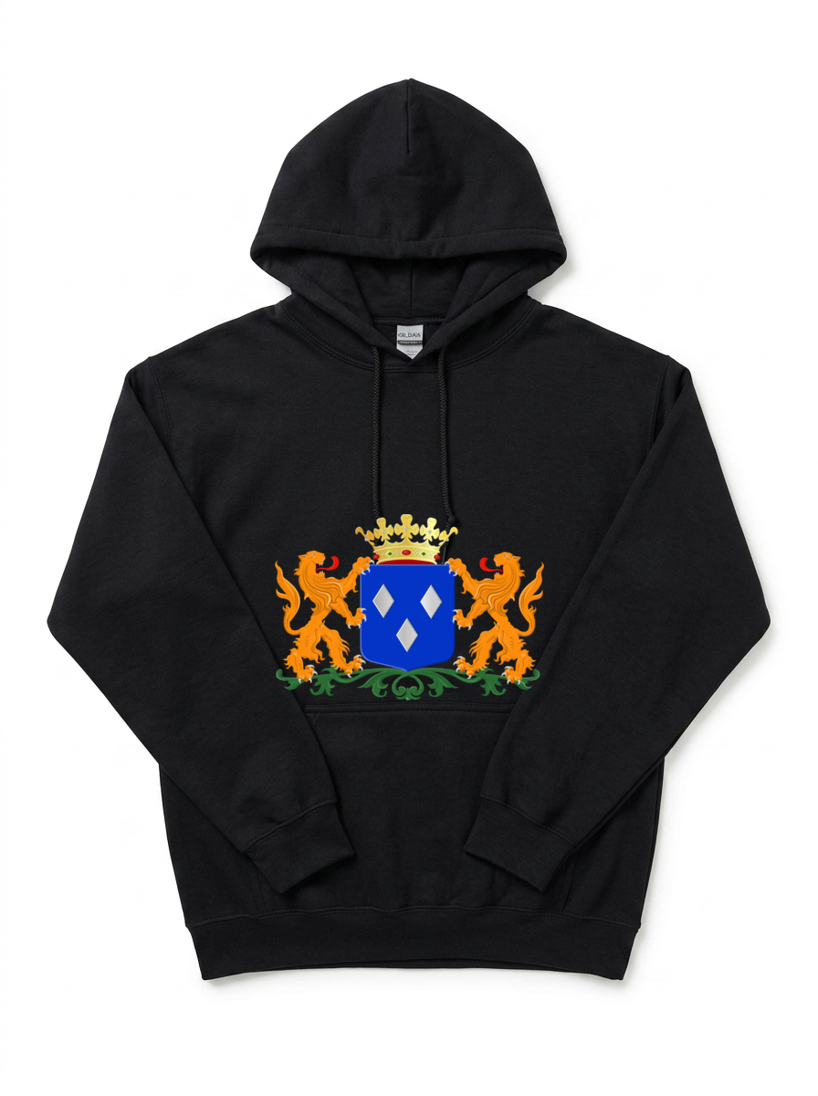Zwarte hoodie met het wapen van Almelo op witte achtergrond