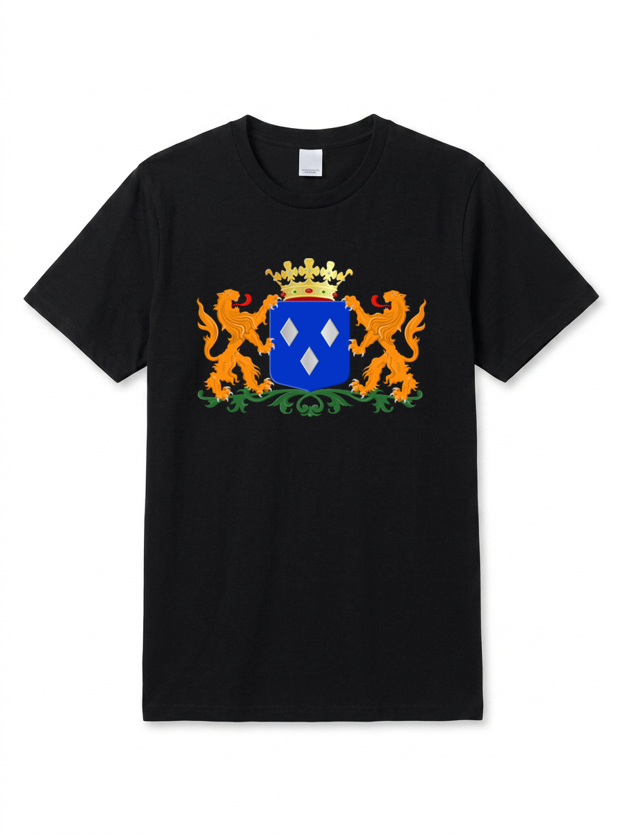 Zwart T-shirt met het wapen van Almelo op witte achtergrond